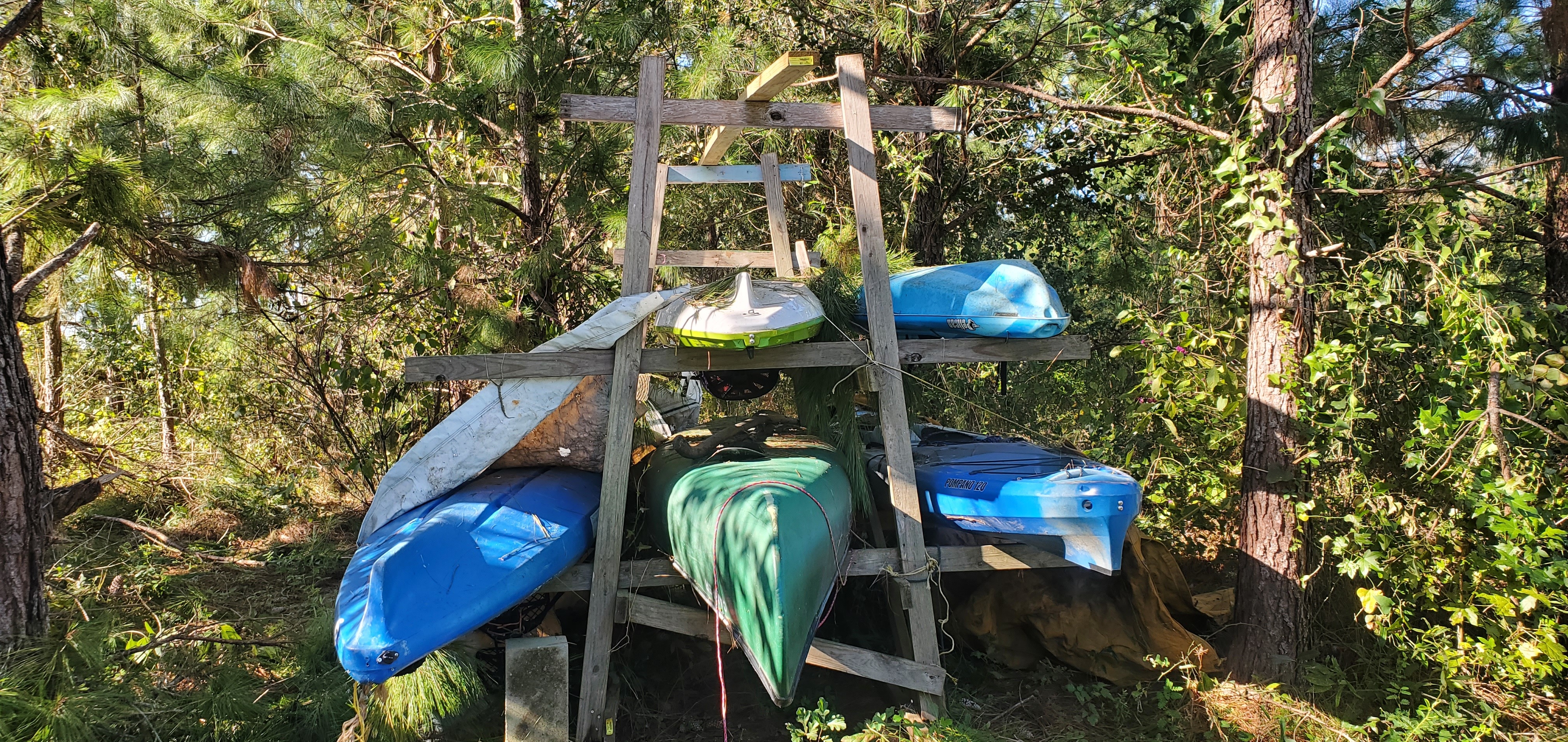 Kayaks and Canoes; Raffle kayak is top center; Canoe also belongs to WWALS