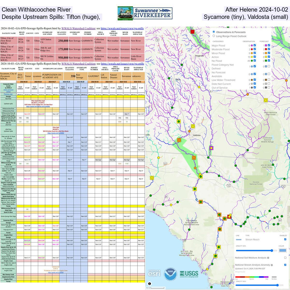 [Clean Withlacoochee River After Hurricane Helene 2024-10-02 Despite Upstream Spills: Tifton (huge), Sycamore (tiny), Valdosta (small).]