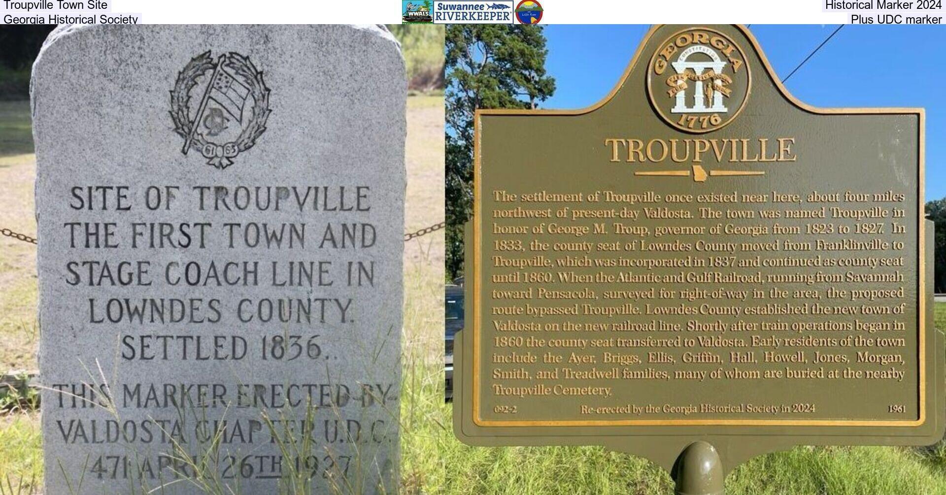 Troupville Town Site Historical Marker 2024, Georgia Historical Society, Plus UDC marker