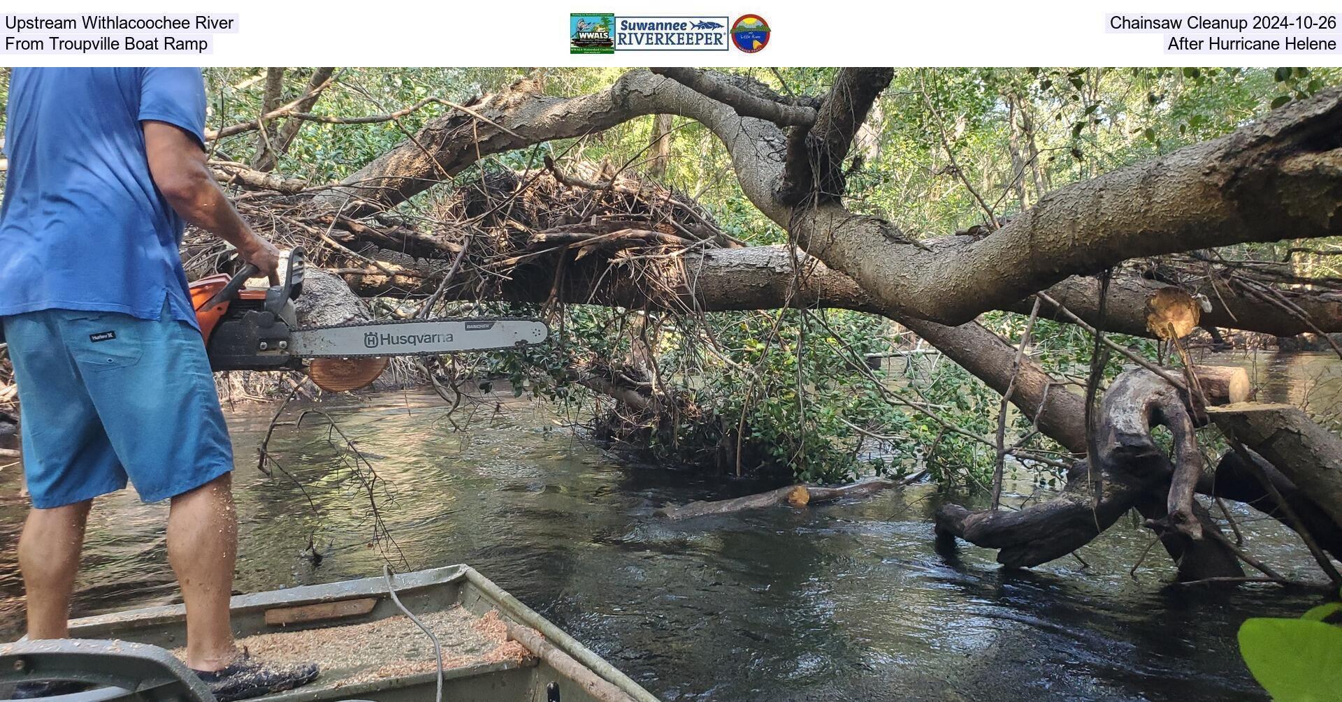 [Upstream Withlacoochee River Chainsaw Cleanup 2024-10-26, From Troupville Boat Ramp, After Hurricane Helene]