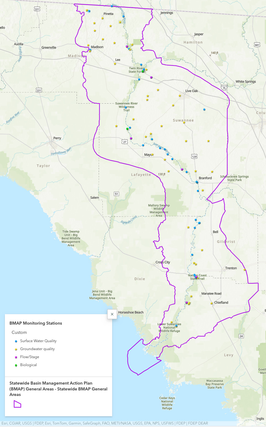 Map: Suwannee Basin BMAP monitoring stations 2024-11-05