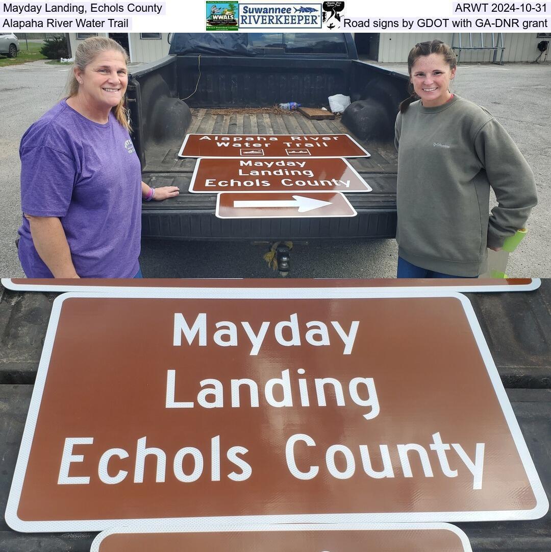 Mayday Landing, Echols County, ARWT 2024-10-31, Alapaha River Water Trail, Road signs from GDOT with GA-DNR grant