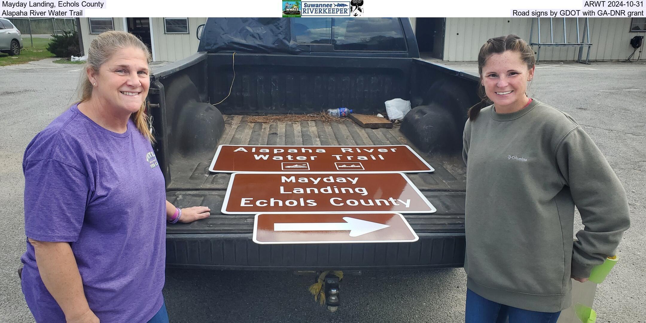 Mayday Landing, Echols County, ARWT 2024-10-31, Alapaha River Water Trail, Road signs from GDOT with GA-DNR grant