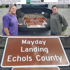 [Mayday Landing, Echols County, ARWT 2024-10-31, Alapaha River Water Trail, Road signs from GDOT with GA-DNR grant]