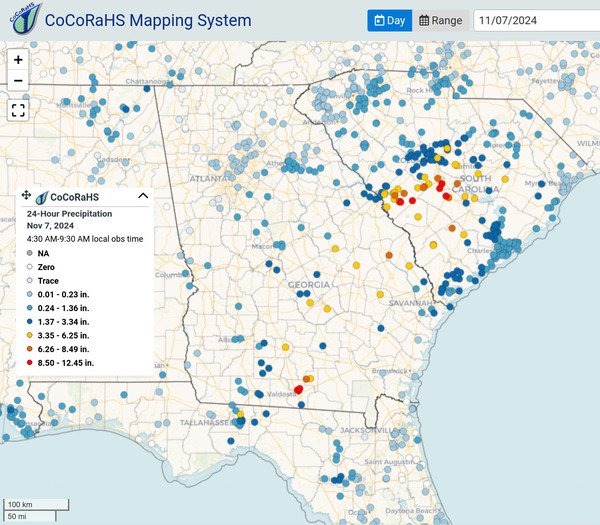 [Map: CoCoRAHS Georgia, Florida, South Carolinaa, 2024-11-07]