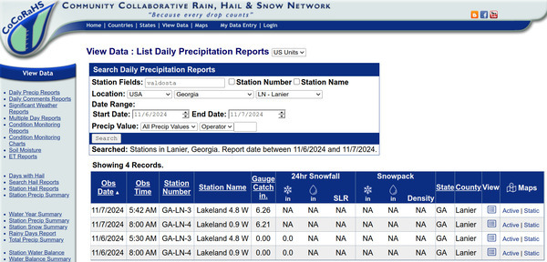 [Table: CoCoRAHS Lanier County 2024-11-07]