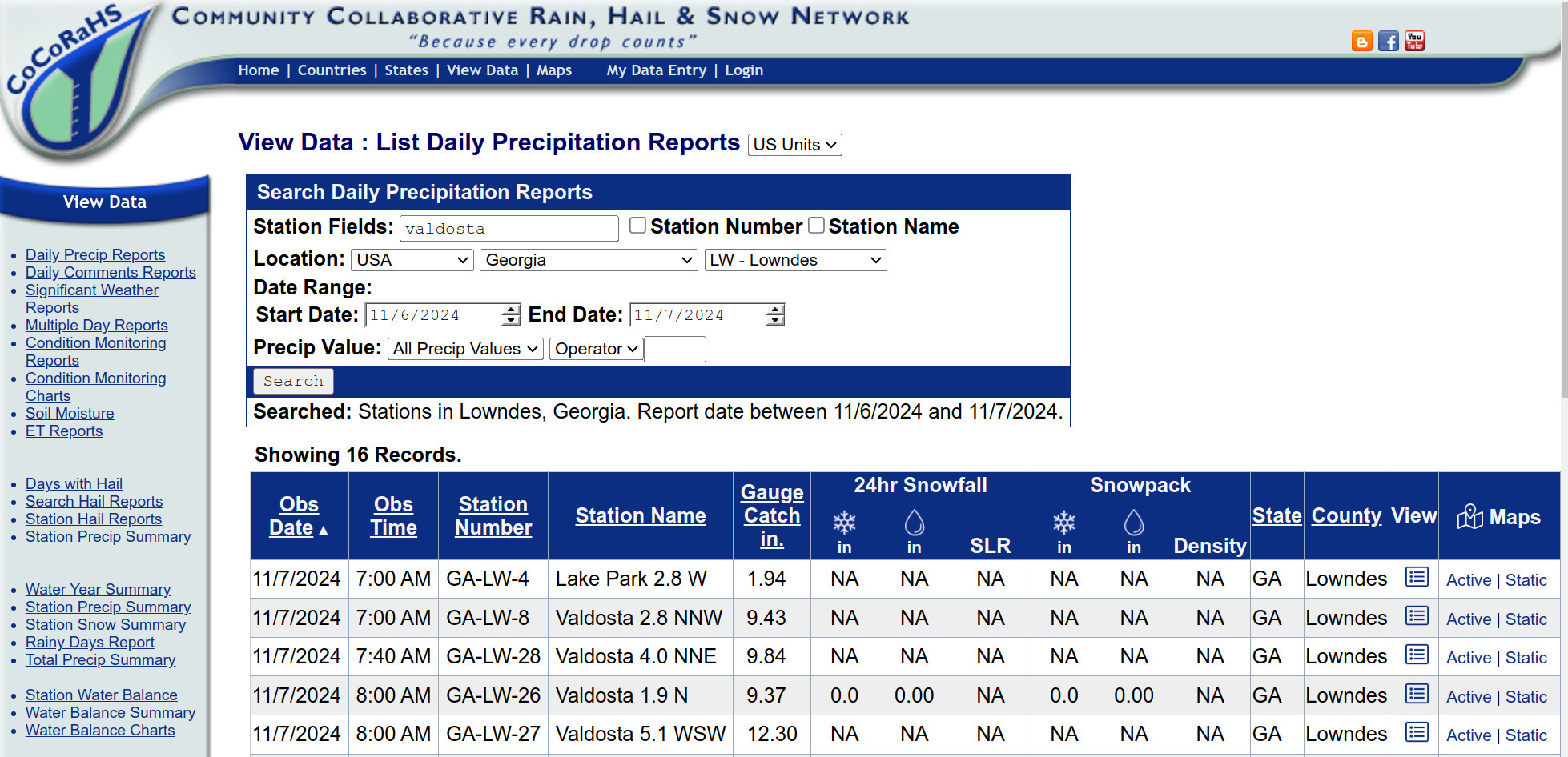 Table: CoCoRAHS Valdosta 2024-11-07