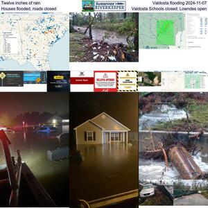 [Twelve inches of rain, Valdosta flooding 2024-11-07, Houses flooded, roads closed, Valdosta Schools closed; Lowndes open]