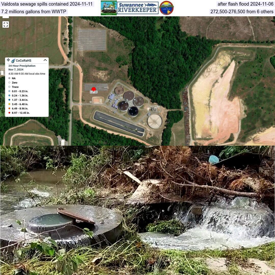 Valdosta sewage spills contained 2024-11-11, after flash flood 2024-11-06, 7.2 millions gallons from WWTP, 272,500-276,500 from 6 others