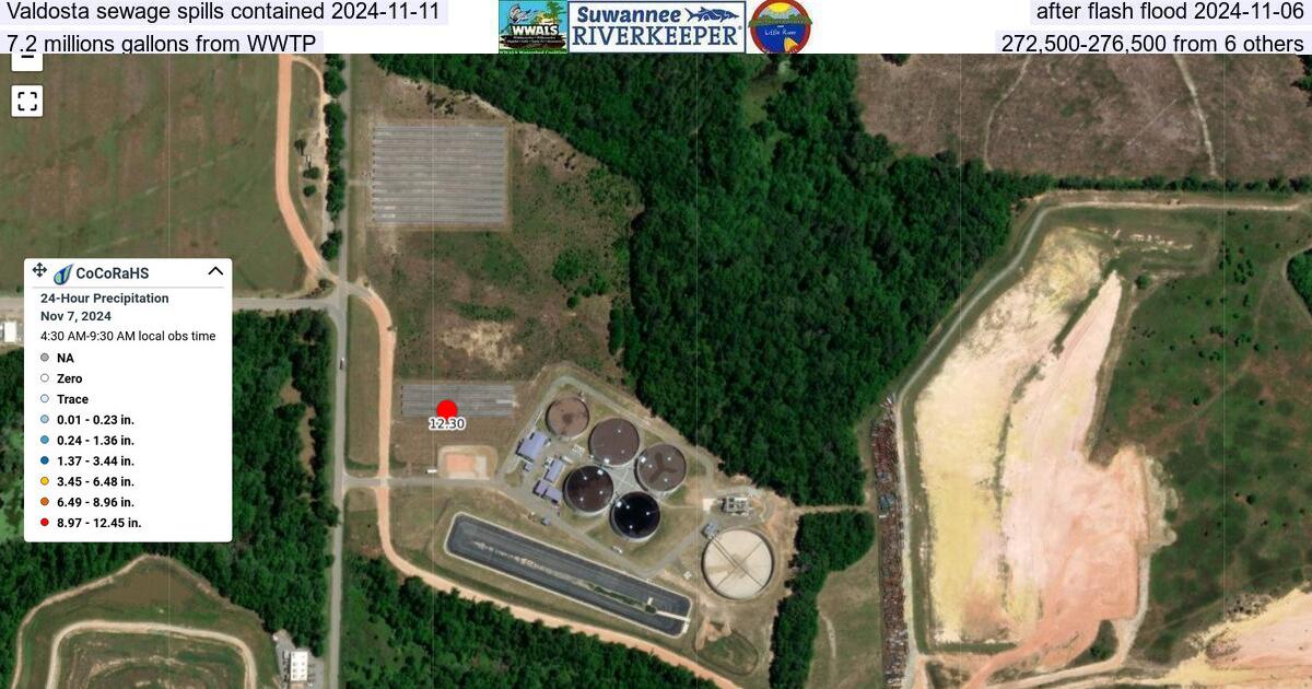 Valdosta sewage spills contained 2024-11-11, after flash flood 2024-11-06, 7.2 millions gallons from WWTP, 272,500-276,500 from 6 others