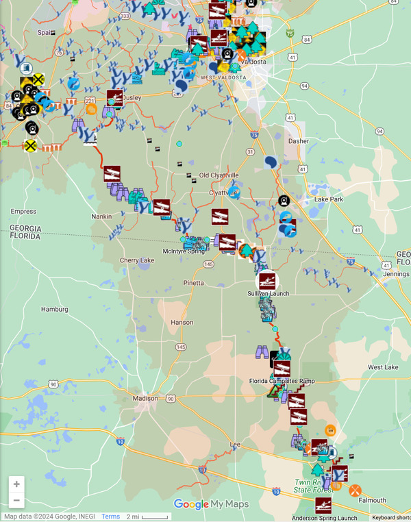 [Map: Valdosta, GA, to Madison County, FL, Withlacoochee River in WLRWT]