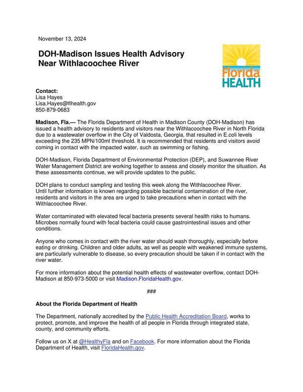 [Madison Health Advisory Near Withlacoochie PR-11-13-2024]