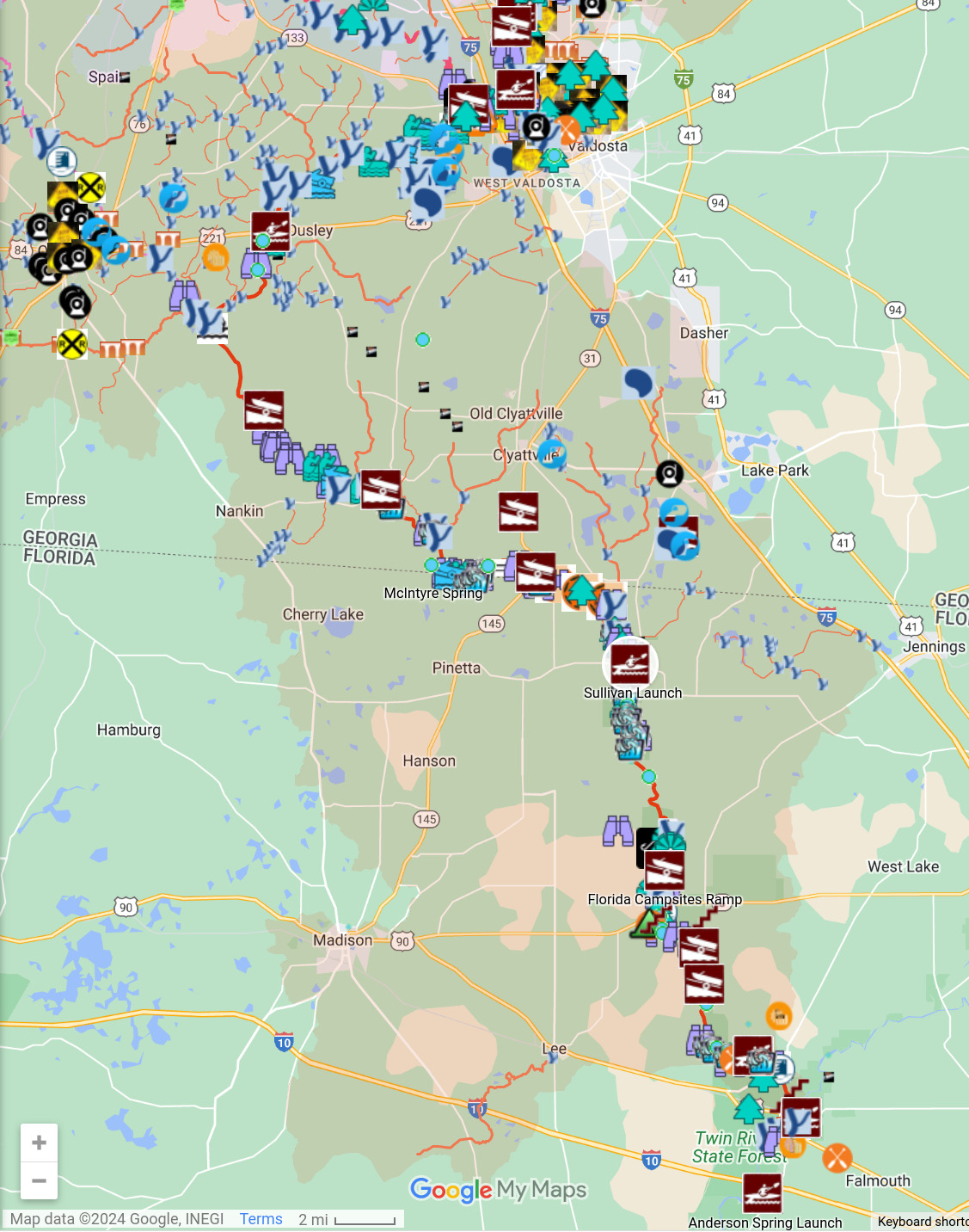 Map: Valdosta, GA, to Madison County, FL, Withlacoochee River in WLRWT