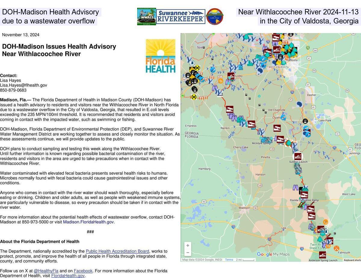 [DOH-Madison Health Advisory Near Withlacoochee River 2024-11-13 due to a wastewater overflow in the City of Valdosta, Georgia]