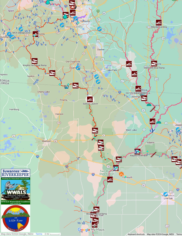 [Map: Valdosta to Sullivan Launch and Boundary Bend Ramp]