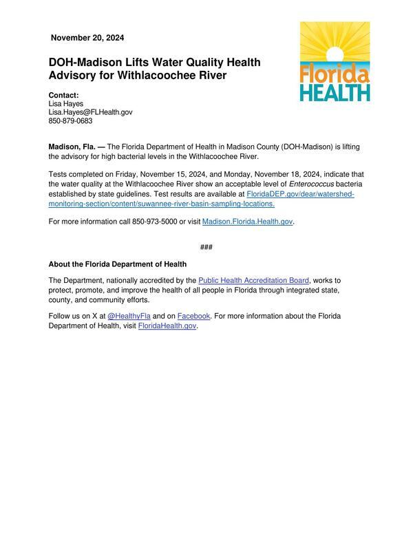 [Water Quality Advisory Lift Press Release --Madison Health 2024-11-20]