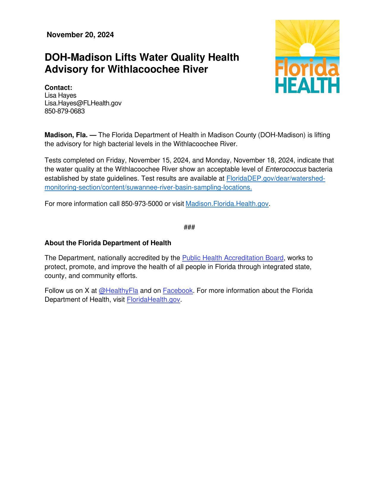 Water Quality Advisory Lift Press Release --Madison Health 2024-11-20