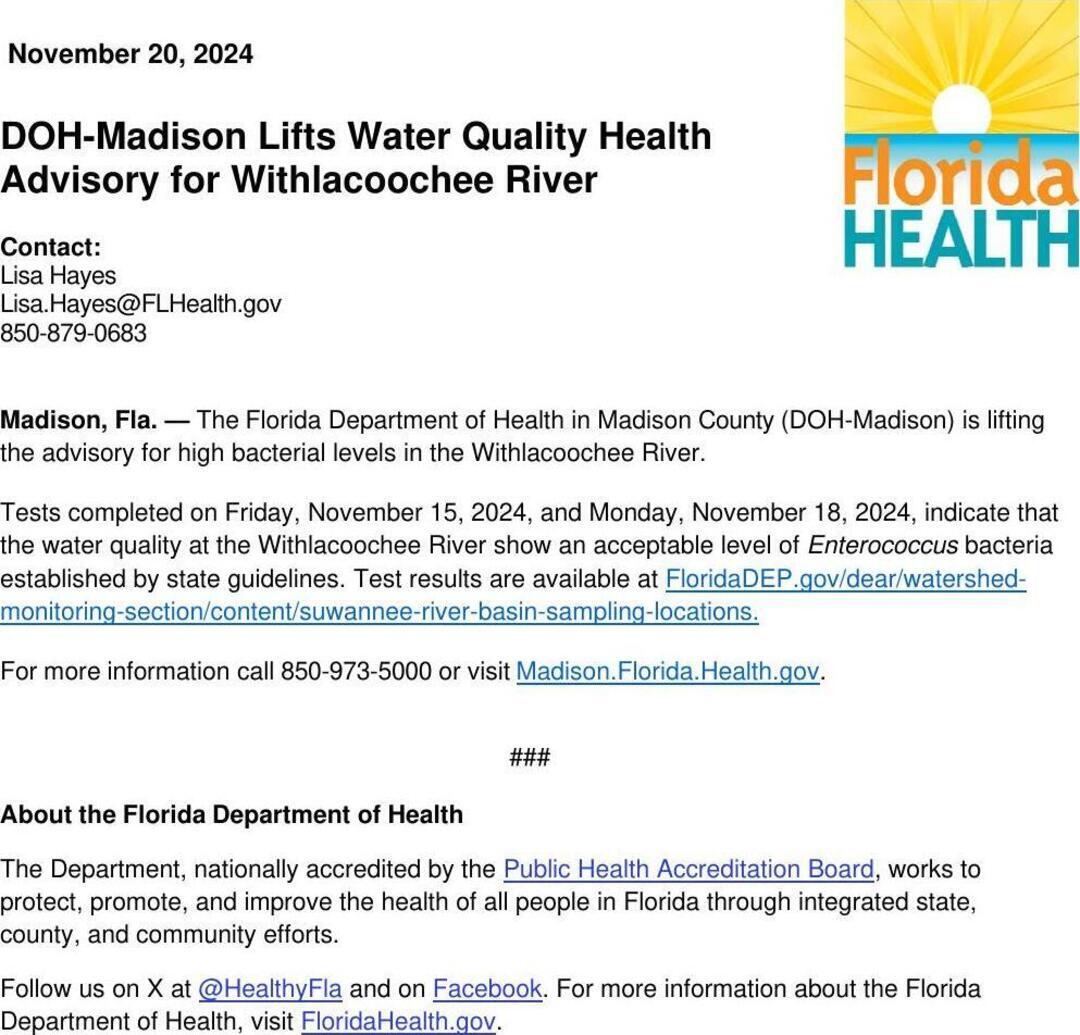 [Madison Health Lifts Withlacoochee River Health Advisory 2024-10-20]