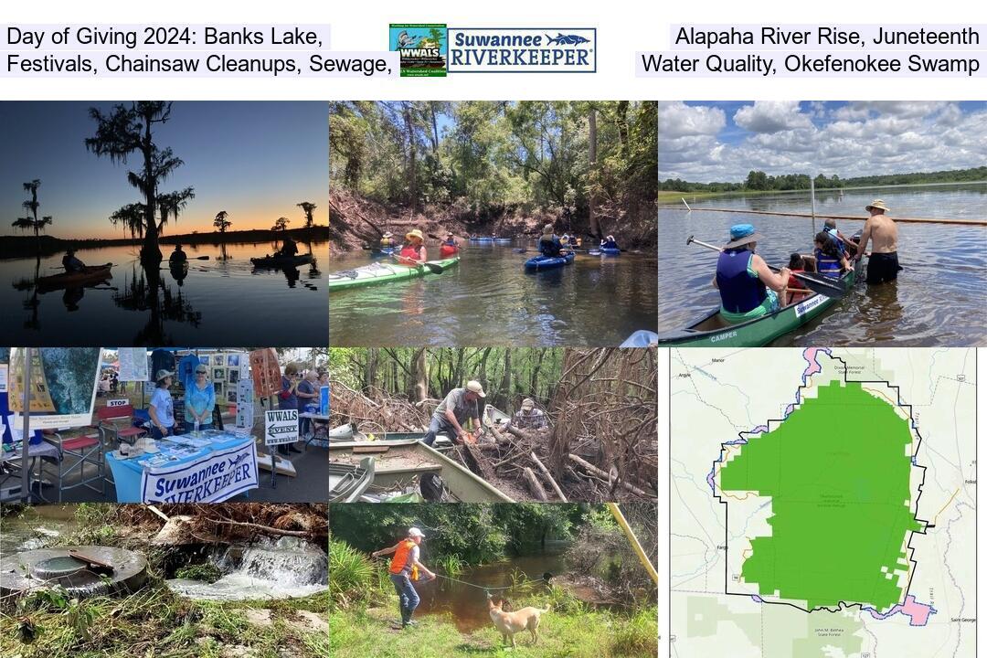 Day of Giving 2024: Banks Lake, Alapaha River Rise, Juneteenth, Festivals, Chainsaw Cleanups, Sewage, Water Quality, Okefenokee Swamp