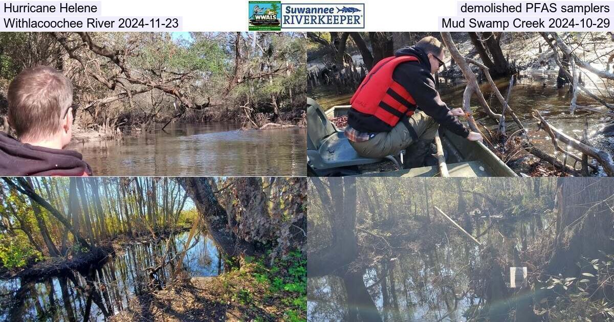 Hurricane Helene demolished PFAS samplers, Withlacoochee River 2024-11-23, Mud Swamp Creek 2024-10-29