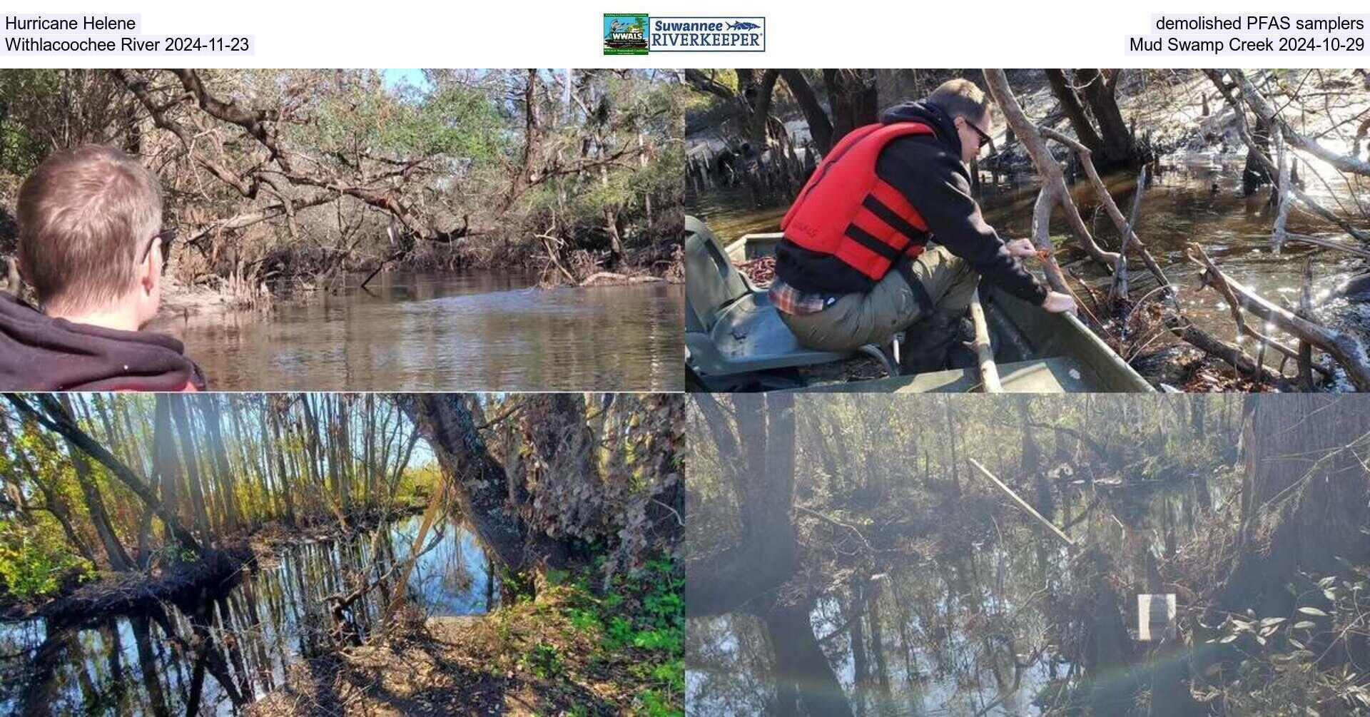 Hurricane Helene demolished PFAS samplers, Withlacoochee River 2024-11-23, Mud Swamp Creek 2024-10-29