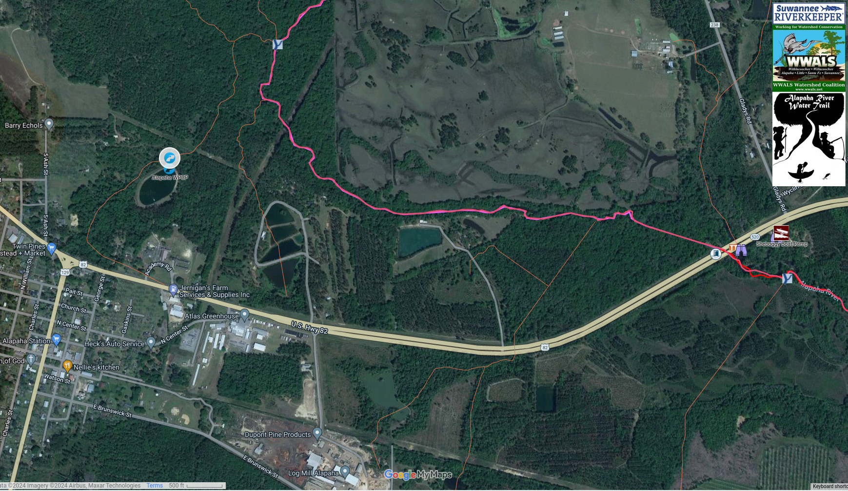 Map: Alapaha, GA, WWTP and Sheboggy Boat Ramp, US 82, Alapaha River, in WWTP 2024-12-02