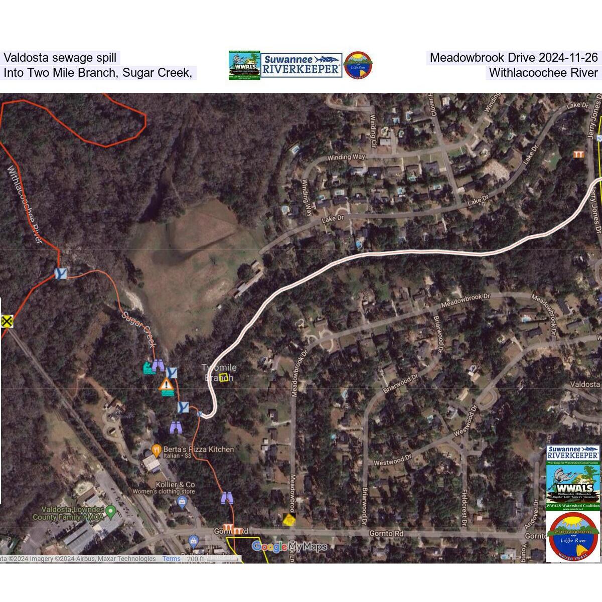 Valdosta sewage spill on Meadowbrook Drive 2024-11-26 into Two Mile Branch, Sugar Creek, Withlacoochee River