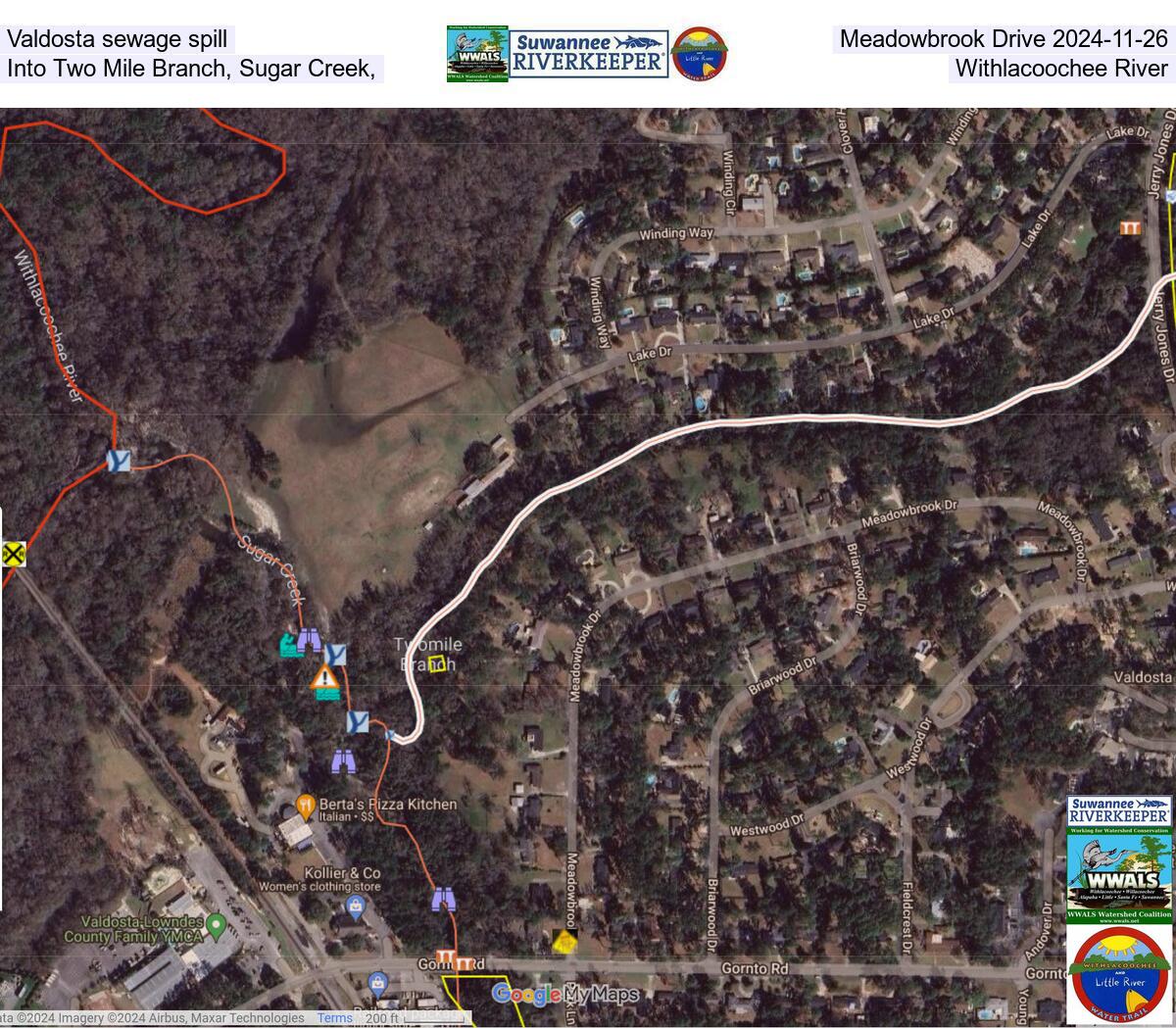 [Valdosta sewage spill on Meadowbrook Drive 2024-11-26 into Two Mile Branch, Sugar Creek, Withlacoochee River]