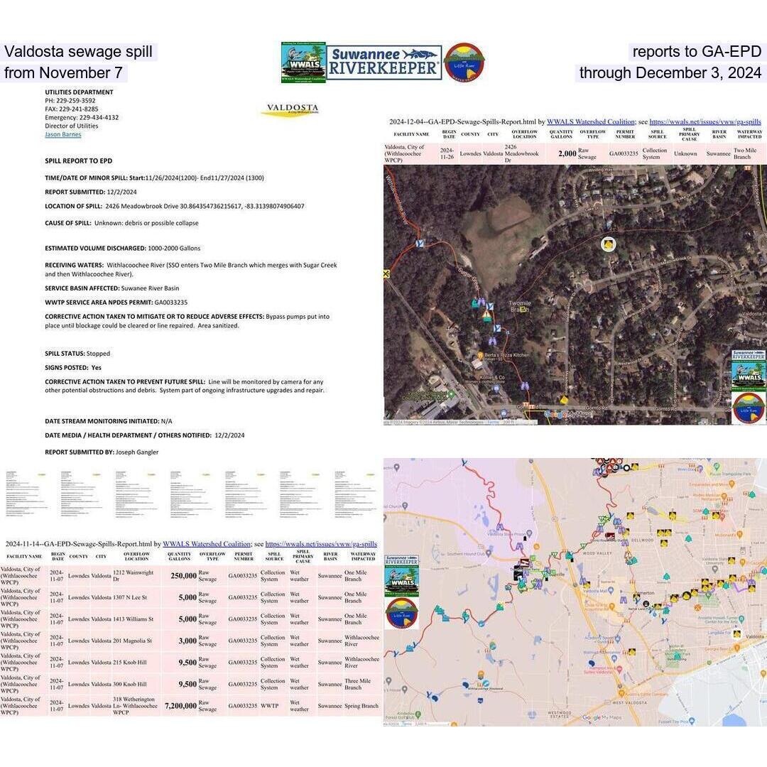 Valdosta sewage spill reports to GA-EPD, from November 7 through December 3, 2024