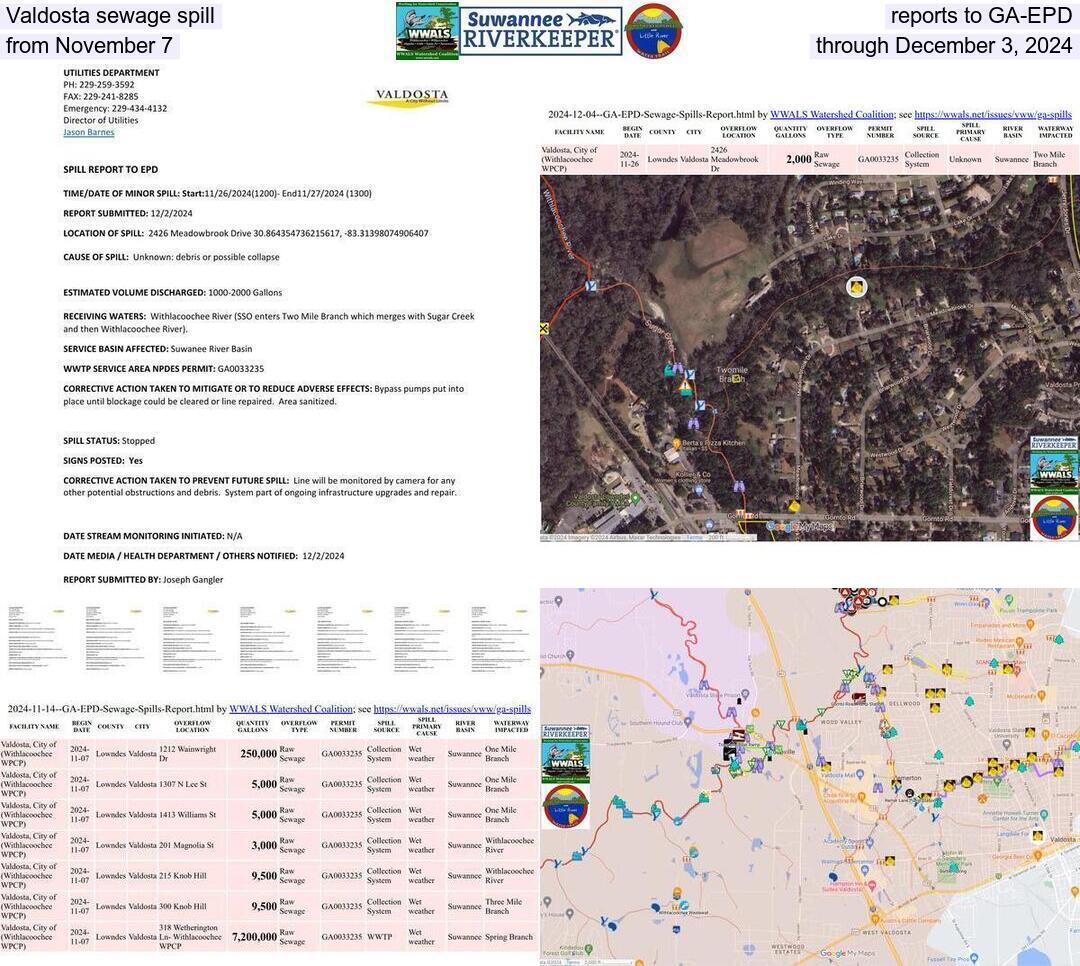 [Valdosta sewage spill reports to GA-EPD, from November 7 through December 3, 2024]