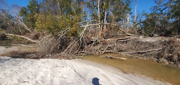 Trash downstream, Sugar Creek in front of Berta's Kitchen, 2024-12-12, 13:48:21, 30.8612116, -83.3178400