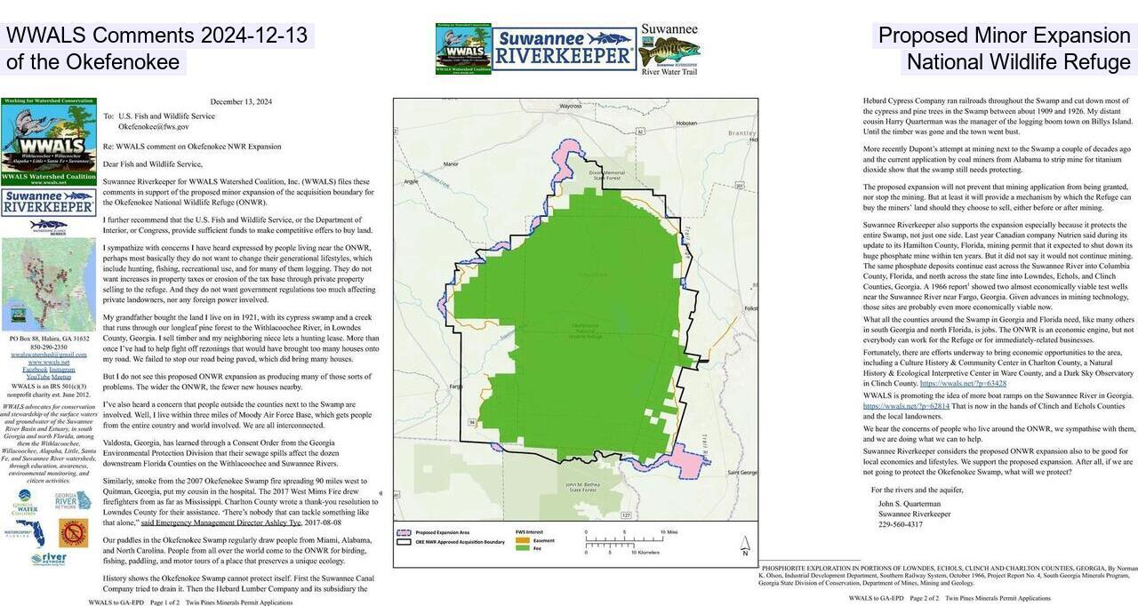 WWALS Comments 2024-12-13, Proposed Minor Expansion of the Okefenokee, National Wildlife Refuge