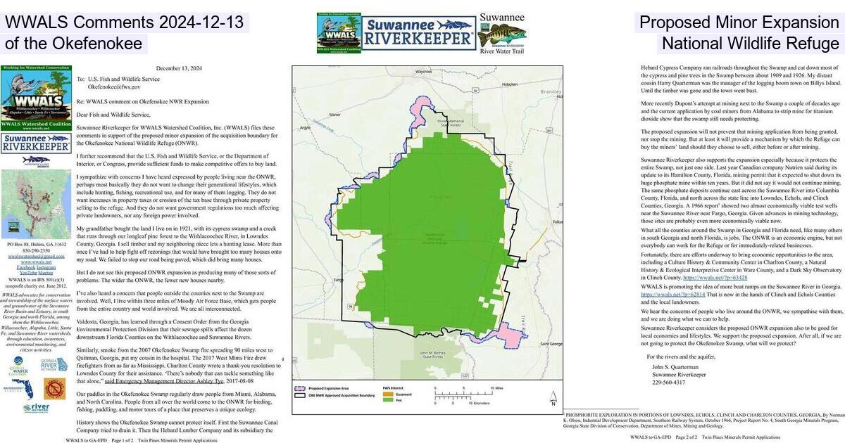 WWALS Comments 2024-12-13, Proposed Minor Expansion of the Okefenokee, National Wildlife Refuge