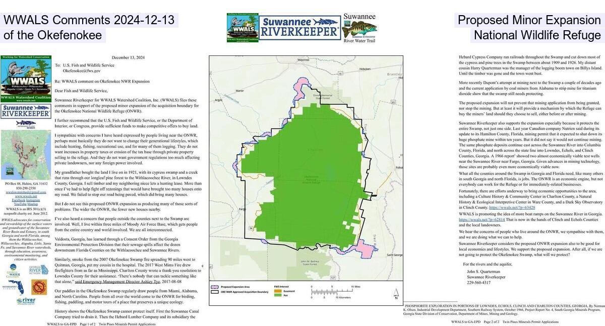 WWALS Comments 2024-12-13, Proposed Minor Expansion of the Okefenokee, National Wildlife Refuge