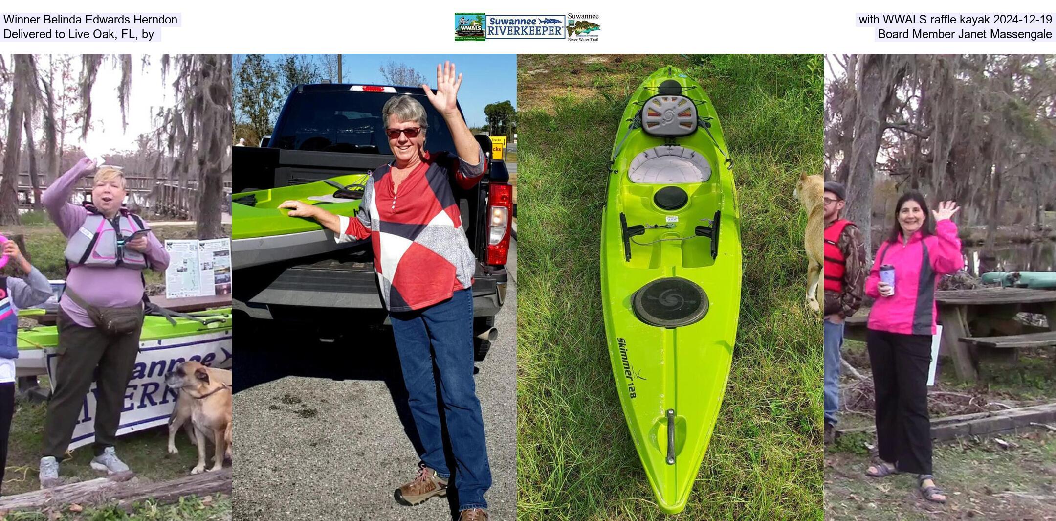 Winner Belinda Edwards Herndon with WWALS raffle kayak 2024-12-19, Delivered to Live Oak, FL by Board Member Janet Massengale