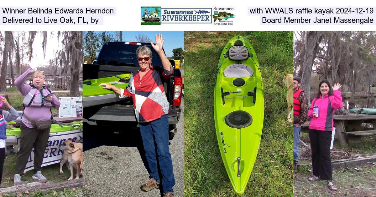 Winner Belinda Edwards Herndon with WWALS raffle kayak 2024-12-19, Delivered to Live Oak, FL by Board Member Janet Massengale