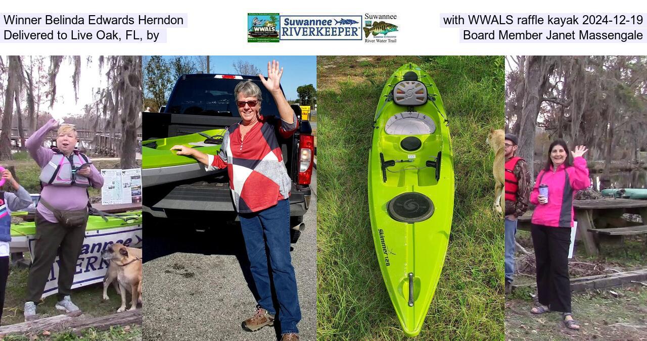 Winner Belinda Edwards Herndon with WWALS raffle kayak 2024-12-19, Delivered to Live Oak, FL by Board Member Janet Massengale