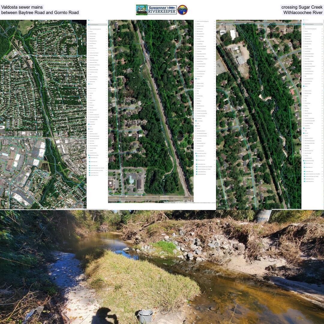 Valdosta sewer mains crossing Sugar Creek between Baytree Road and Gornto Road towards the Withlacoochee River, Valdosta, GA