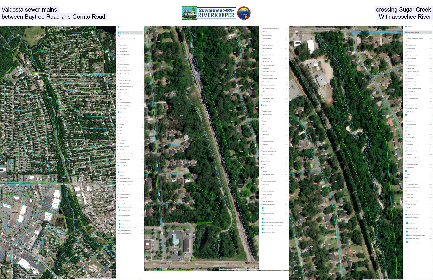 [Valdosta sewer mains crossing Sugar Creek between Baytree Road and Gornto Road towards the Withlacoochee River, Valdosta, GA]