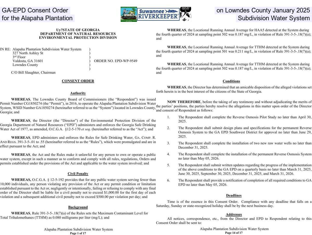 [GA-EPD Consent Order on Lowndes County, January 2025, for the Alapaha Plantation Subdivision Water System]