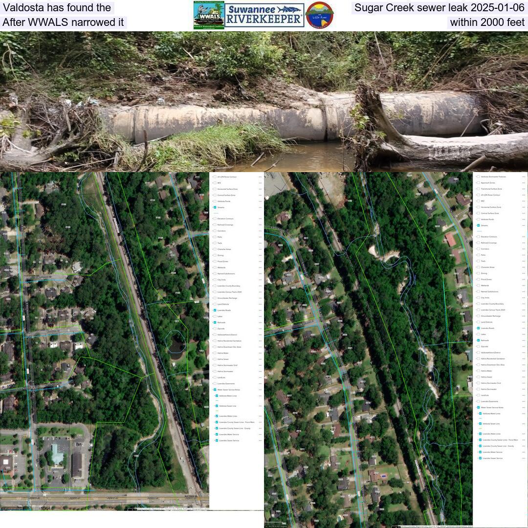 Valdosta has found the Sugar Creek sewer leak 2025-01-06, After WWALS narrowed it within 2000 feet