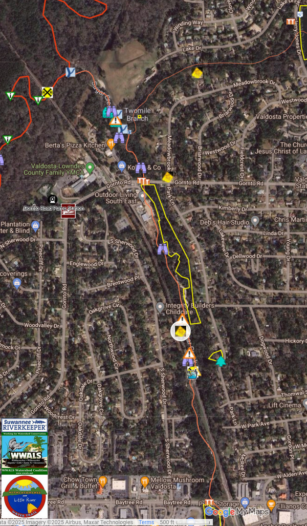 [Map: Spill Location, Sugar Creek, between Baytree and Gornto Roads --WLRWT 2025-01-08]