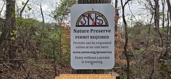 Sign: Nature Preserve, Permit required, Mill Creek Sink, 2026:01:13 15:50:36, 29.8011079, -82.5085049 --jsq for WWALS