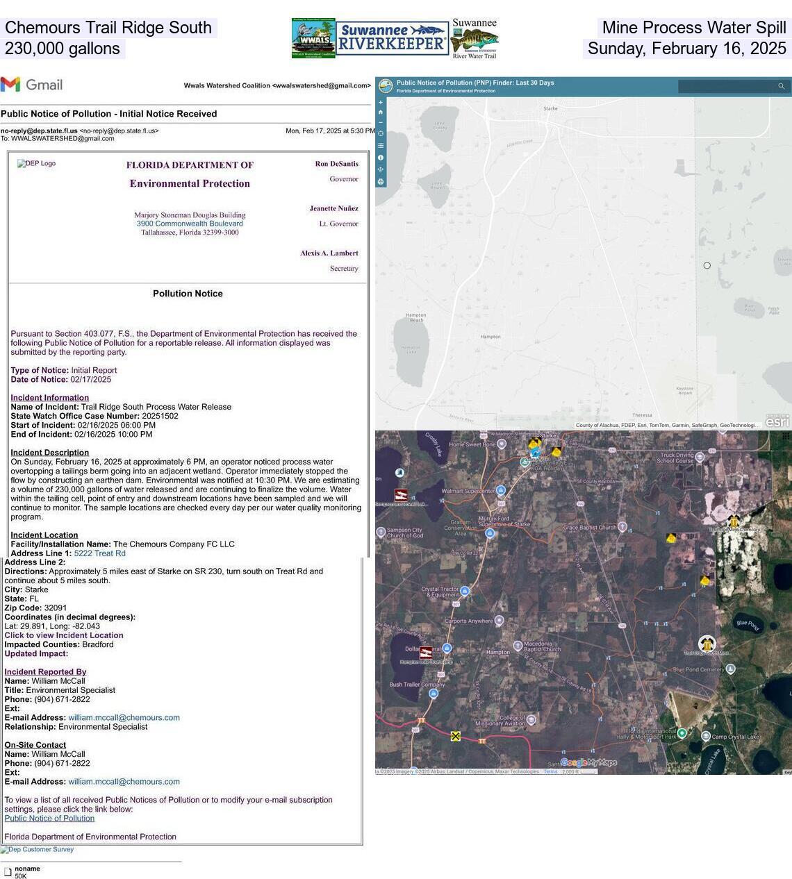 [Chemours Trail Ridge South, Mine Process Water Spill, 230,000 gallons, Sunday, February 16, 2025]