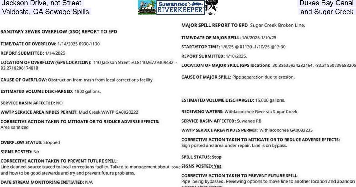 Jackson Drive, not Street, Dukes Bay Canal, Valdosta, GA Sewage Spills, and Sugar Creek