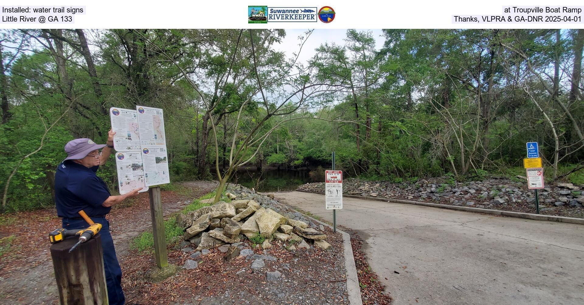 Installed: water trail signs at Troupville Boat Ramp, Little River @ GA 133, Thanks, VLPRA & GA-DNR 2025-04-01