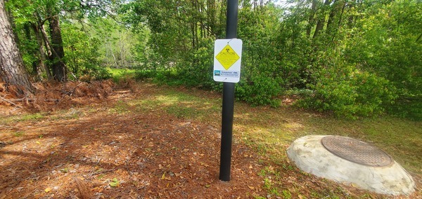 Manhole, WWALS Caution Sign, path to Berta's Beach, Sugar Creek, 11:52:11, 30.8614729, -83.3188925