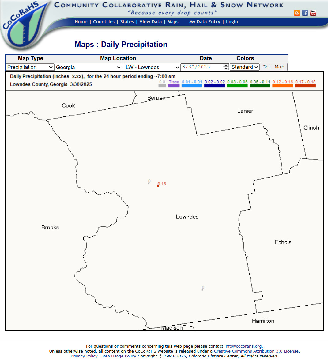 Map: CoCoRaHS Precipitation Lowndes County, GA 2025-03-30
