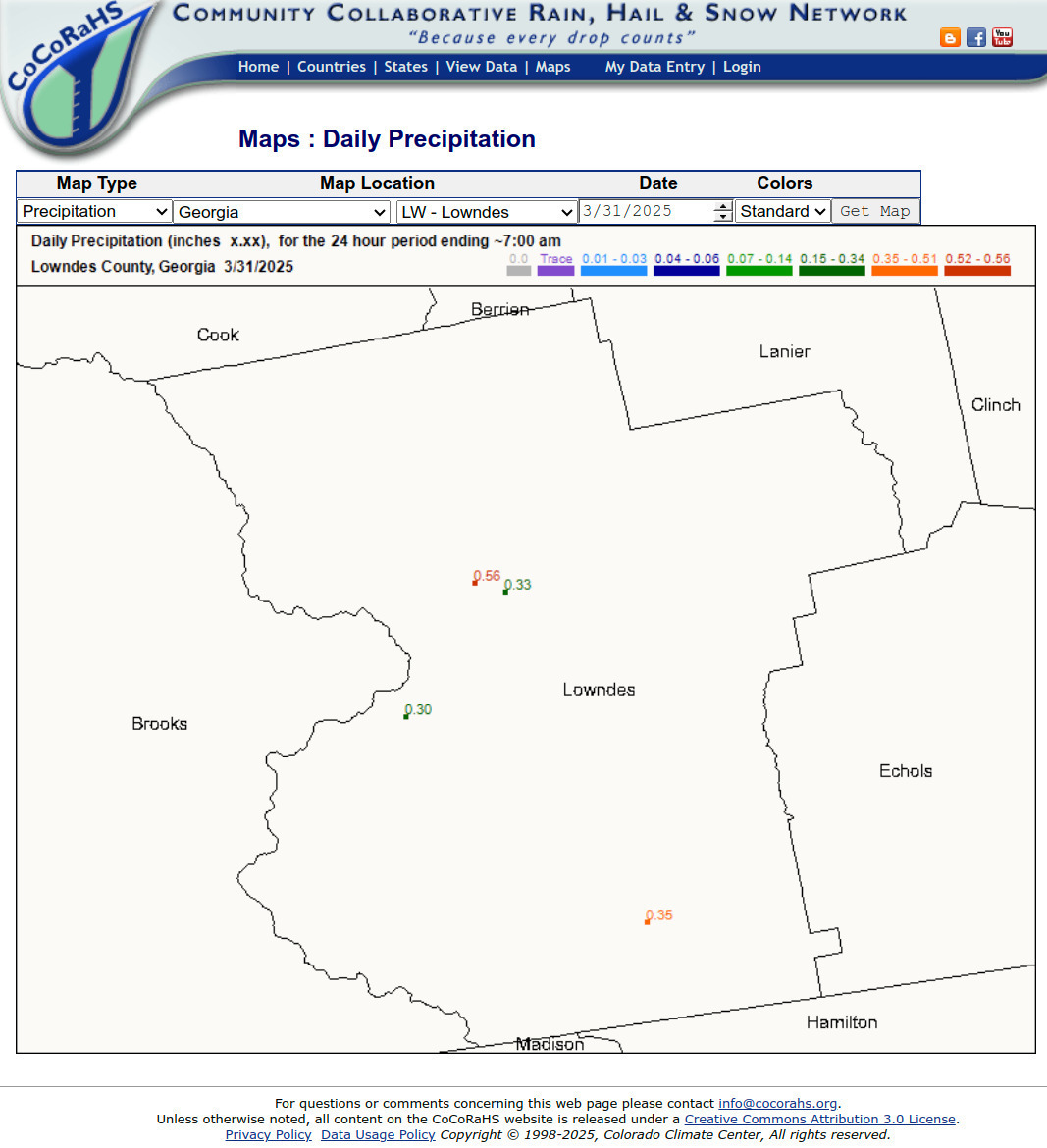 Map: CoCoRaHS Precipitation Lowndes County, GA 2025-03-31