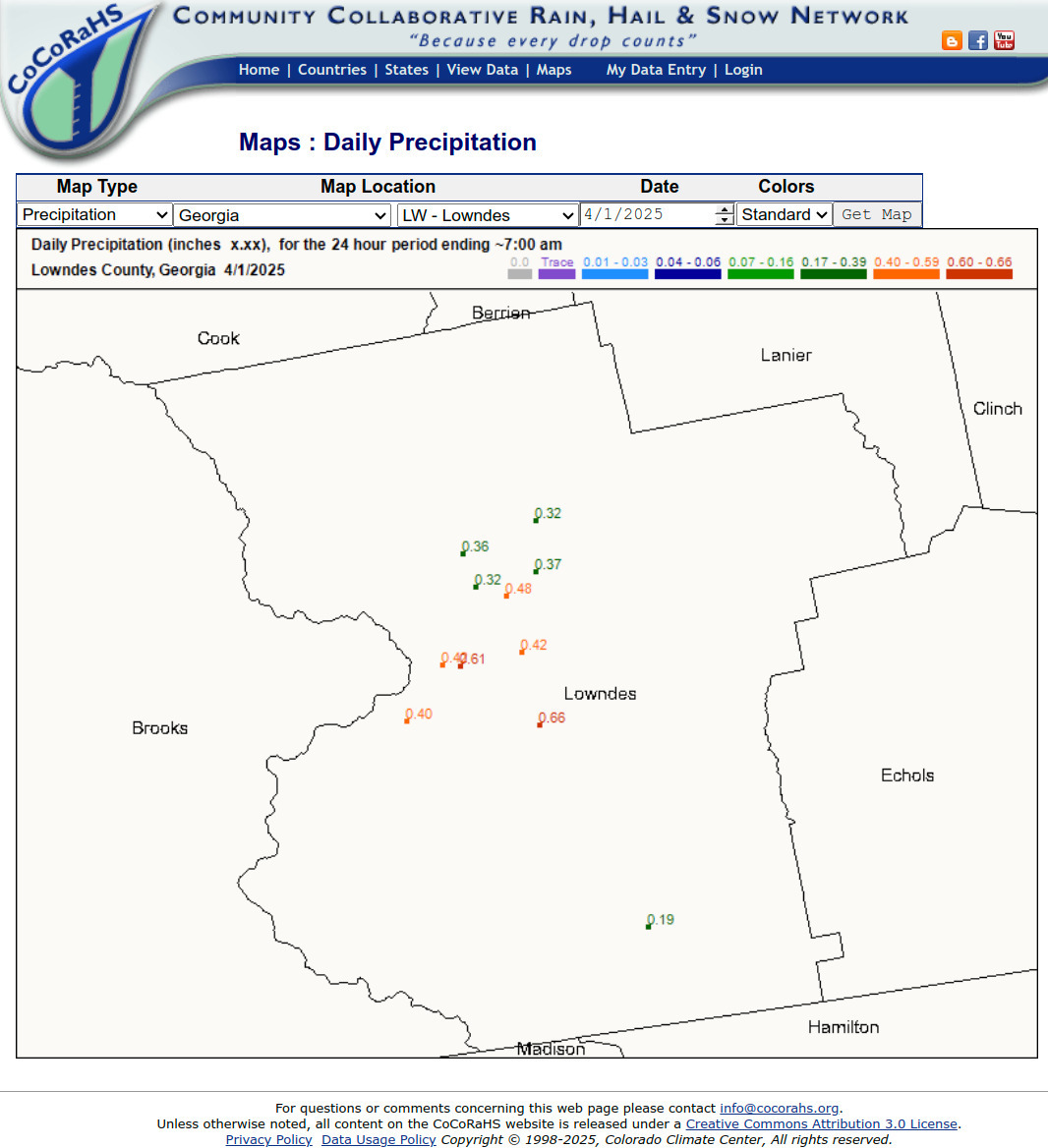 Map: CoCoRaHS Precipitation Lowndes County, GA 2025-04-01